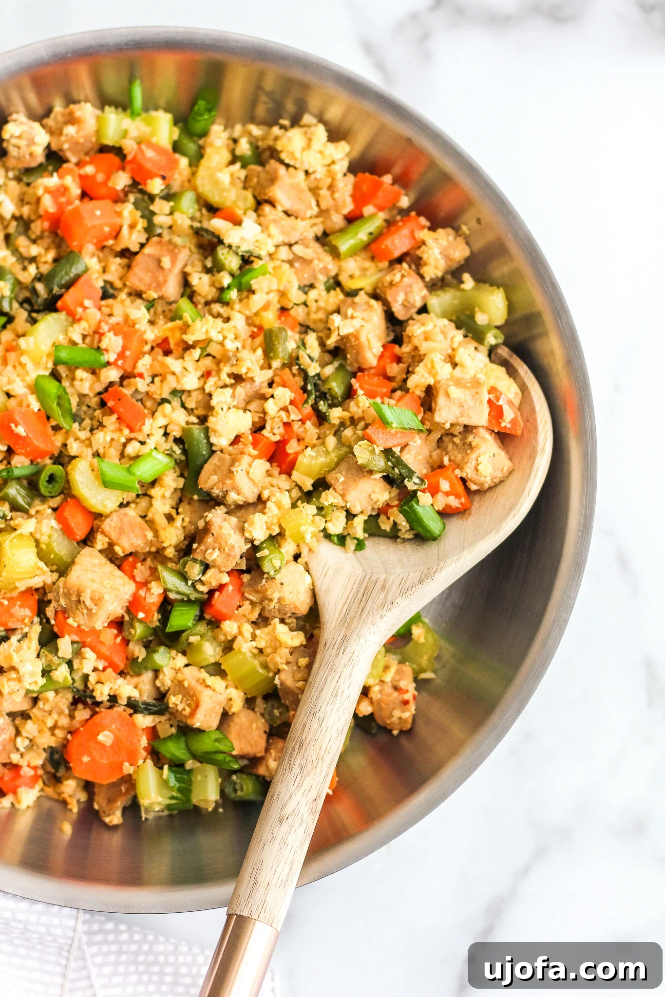Close-up of Pork Fried Cauliflower Rice with fresh green onions