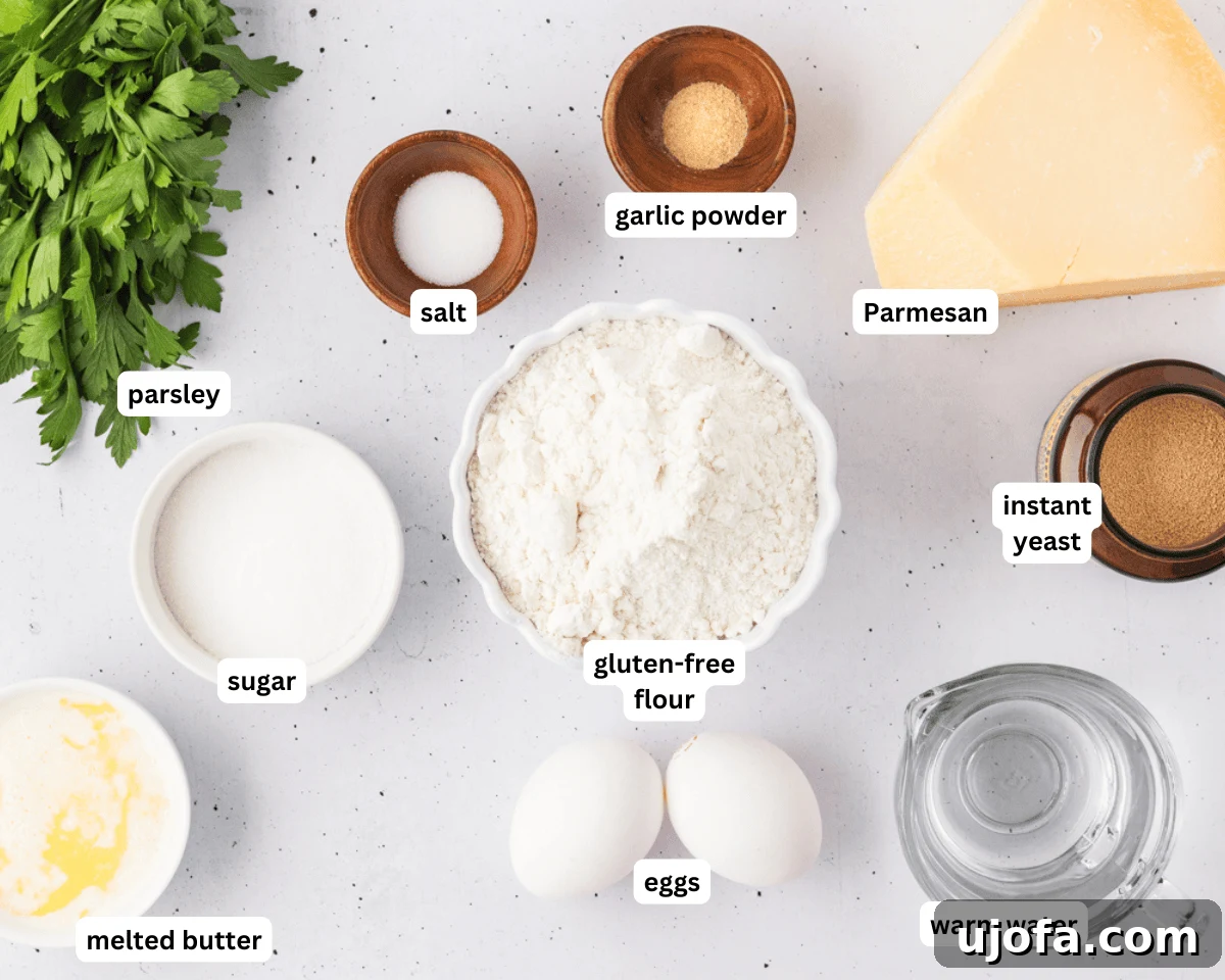 A collection of gluten-free breadstick ingredients, including gluten-free flour, yeast, eggs, butter, and seasonings, neatly arranged on a white surface.
