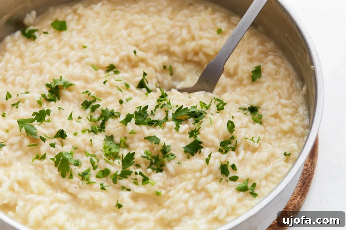 Gluten-Free Risotto Bliss 12 Close-up of exceptionally creamy risotto topped with vibrant fresh parsley, with a serving spoon poised to scoop, highlighting its luxurious texture.