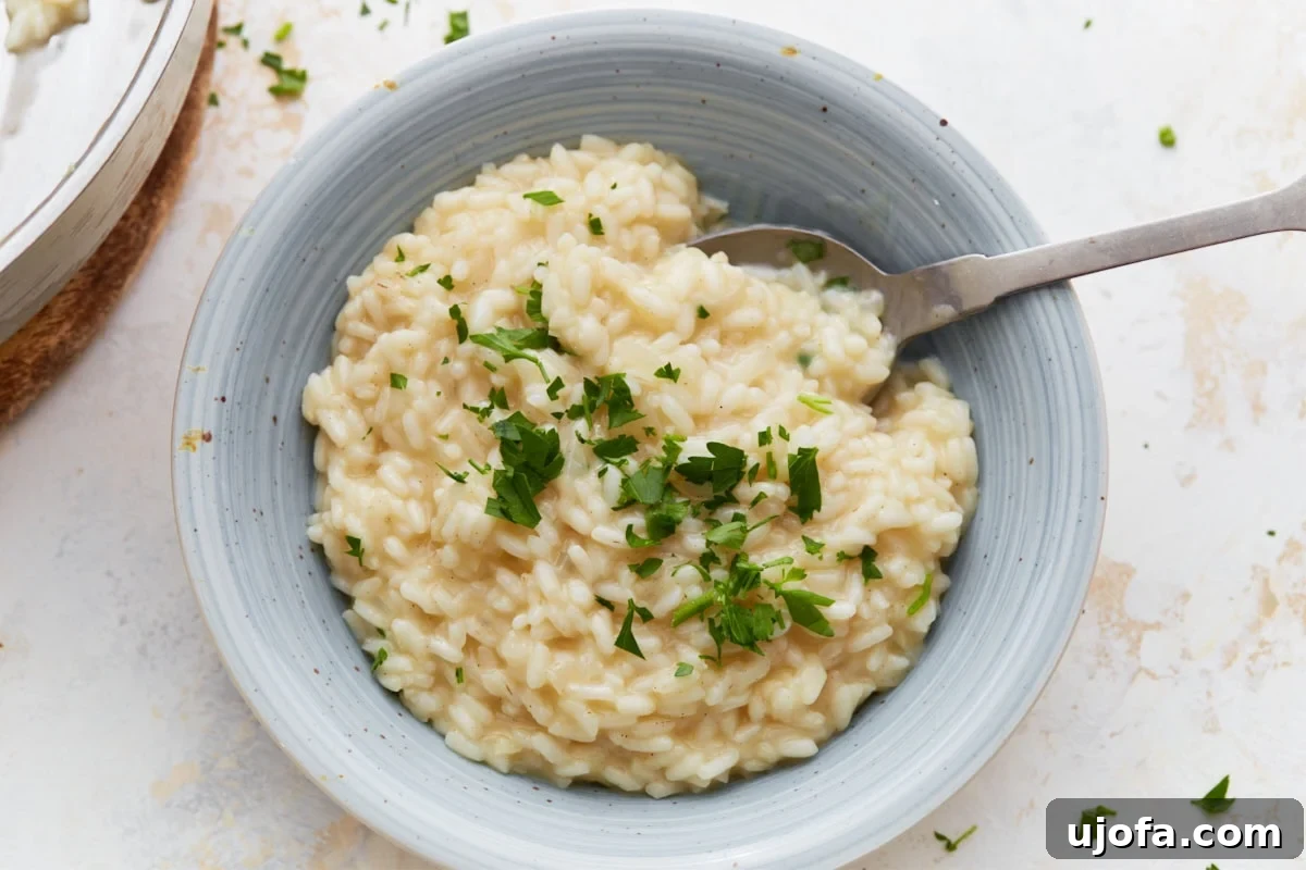 Gluten-Free Risotto Bliss 13 A beautifully presented bowl of creamy gluten-free risotto, topped with fresh chopped parsley and a spoon, resting in an elegant light blue dish.