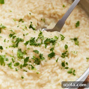 Creamy gluten-free risotto in a pan topped with chopped fresh parsley, with a serving spoon scooping from the center.