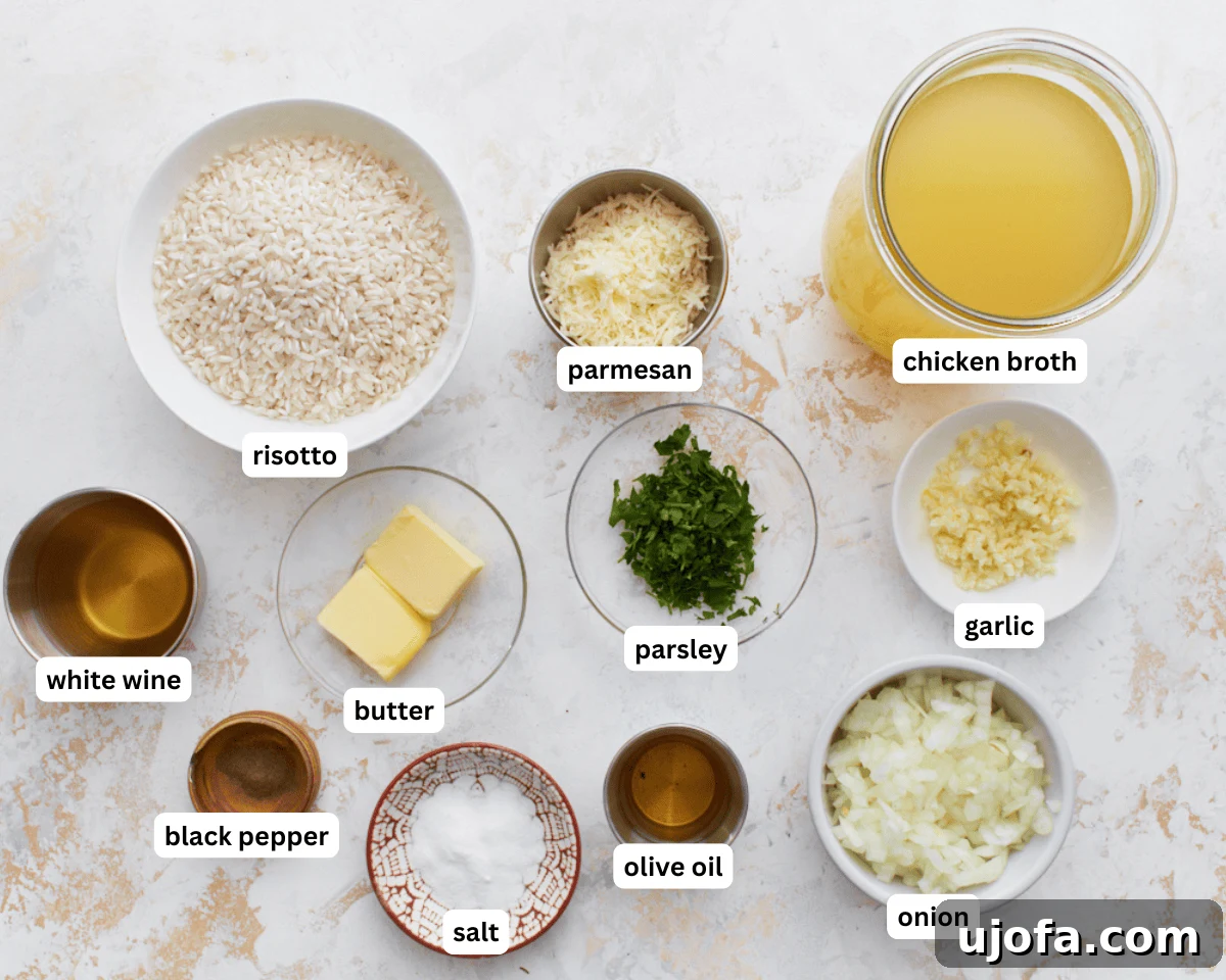 Gluten-Free Risotto Bliss 4 A collection of fresh, high-quality ingredients laid out for making gluten-free risotto, including Arborio rice, broth, onion, garlic, Parmesan, olive oil, and butter.