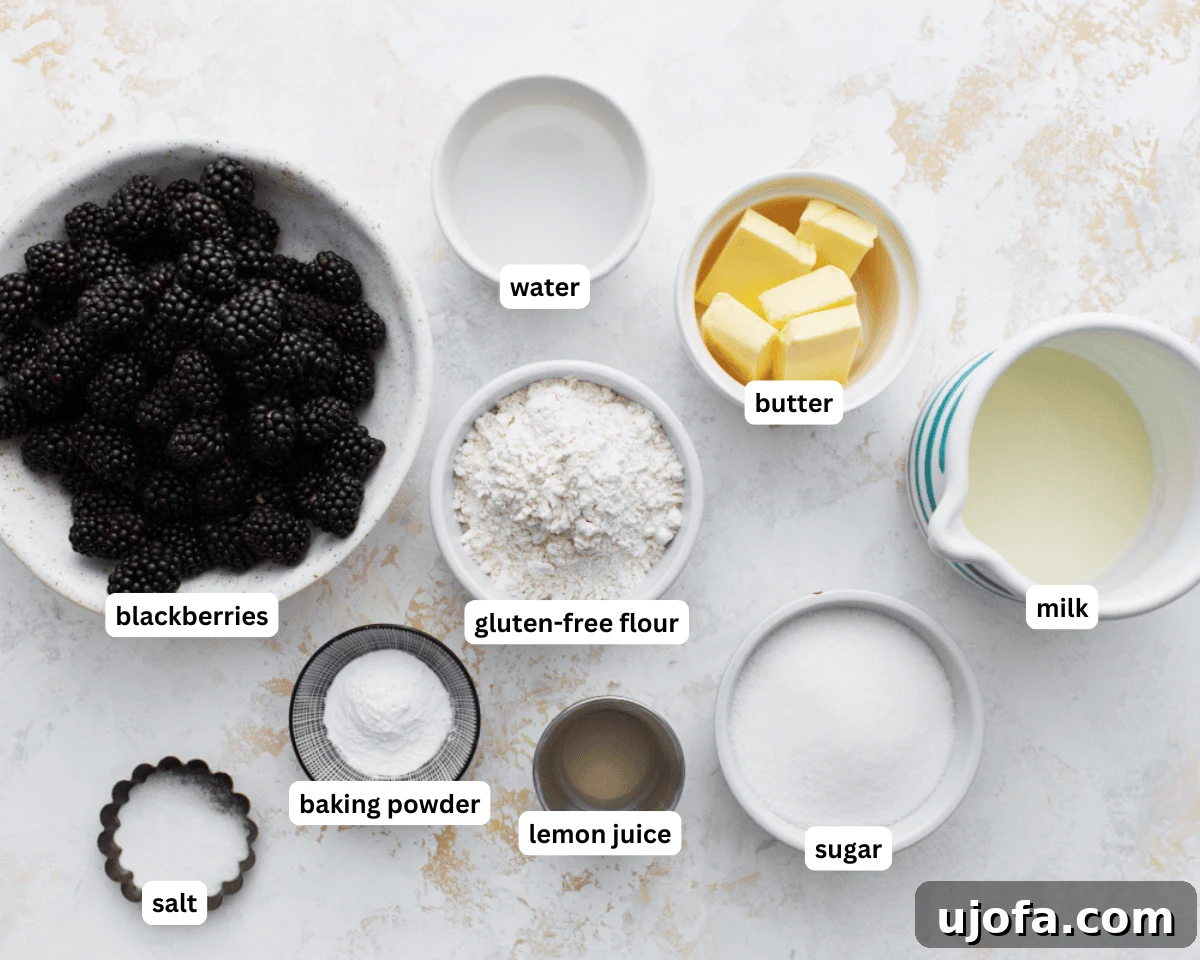 All the necessary ingredients for gluten-free blackberry cobbler laid out, including fresh blackberries, gluten-free flour, sugar, butter, and milk.