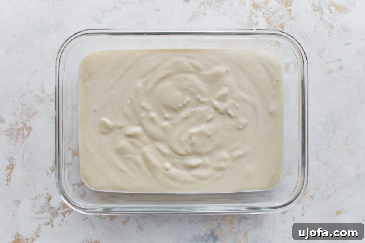 Creamy Almond Dream 7 Glass container filled with freshly blended almond milk ice cream base before freezing.