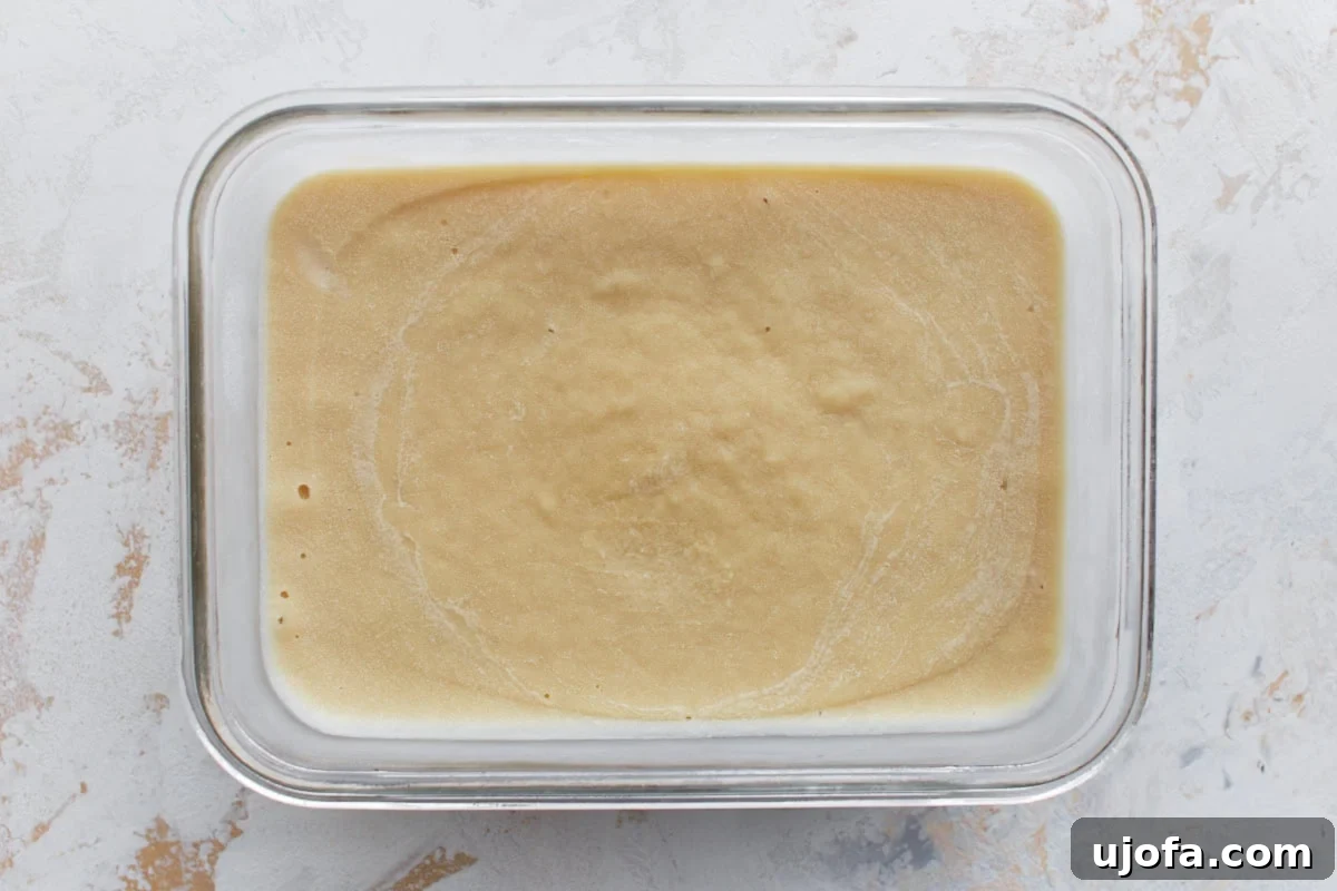 Creamy Almond Dream 8 Frozen almond milk ice cream in a glass container, smooth and set after freezing.