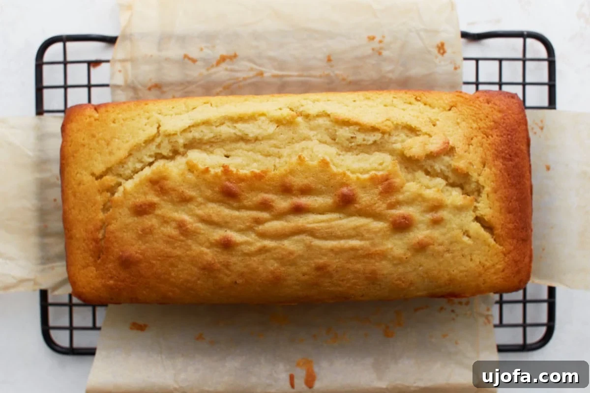 Baked lemon loaf cooling on a wire rack with parchment paper underneath.
