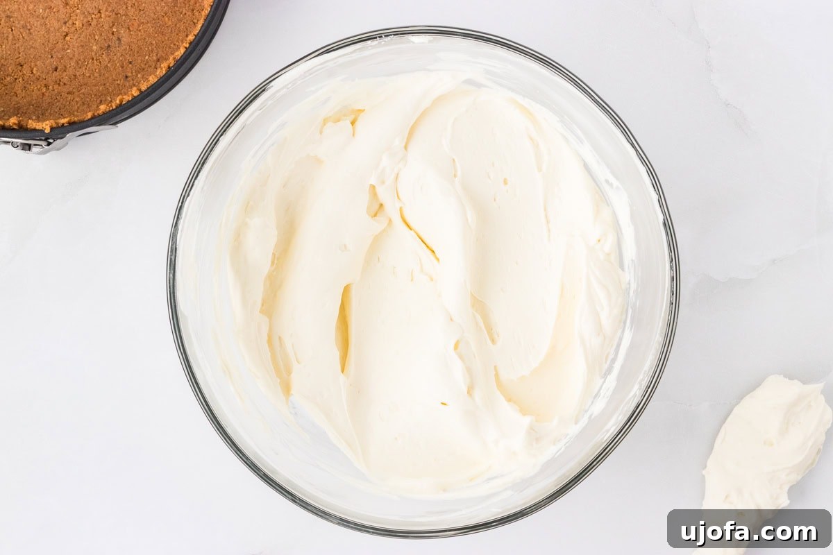 No-Oven Gluten-Free Cheesecake Bliss 11 The finished, smooth, and creamy cheesecake filling resting in a large mixing bowl, a perfect consistency ready to be transferred to the prepared crust.