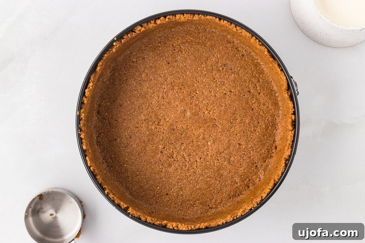 No-Oven Gluten-Free Cheesecake Bliss 7 A fully formed gluten-free graham cracker crust sits evenly pressed into a springform pan, with a smooth, uniform surface covering the bottom and extending slightly up the edges.