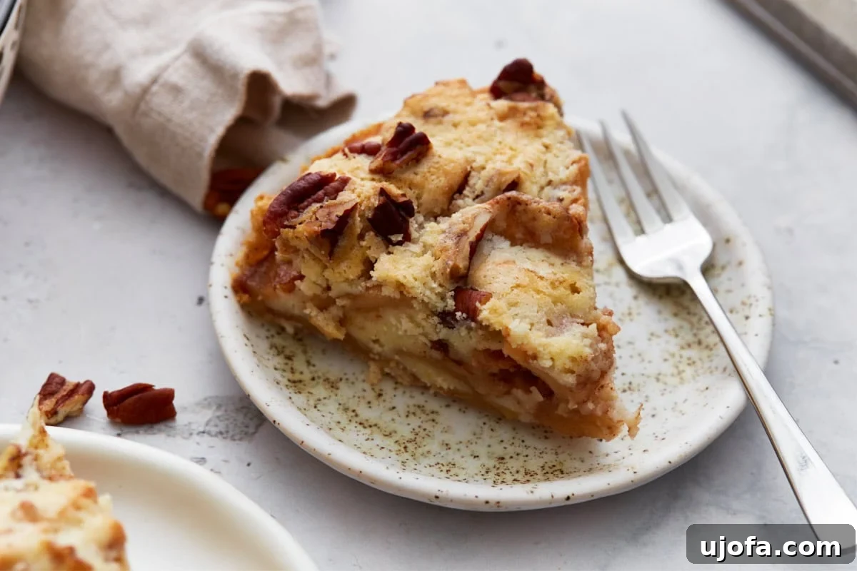 Easy Crustless Apple Pie 10 Slice of crustless apple pie on a small speckled plate with a fork, showing tender apples and a crumbly topping.