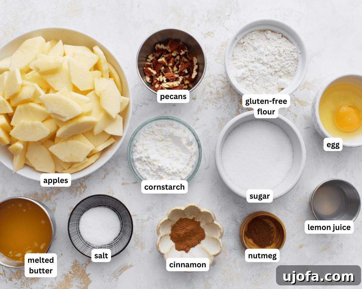 Easy Crustless Apple Pie 3 crustless apple pie ingredients laid out on a table