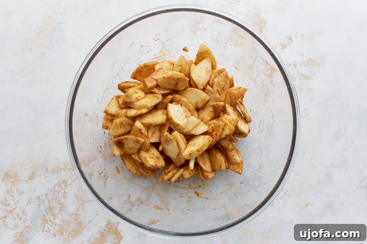 Easy Crustless Apple Pie 4 Sliced apples tossed with cinnamon, sugar, and lemon juice in a large clear glass mixing bowl.