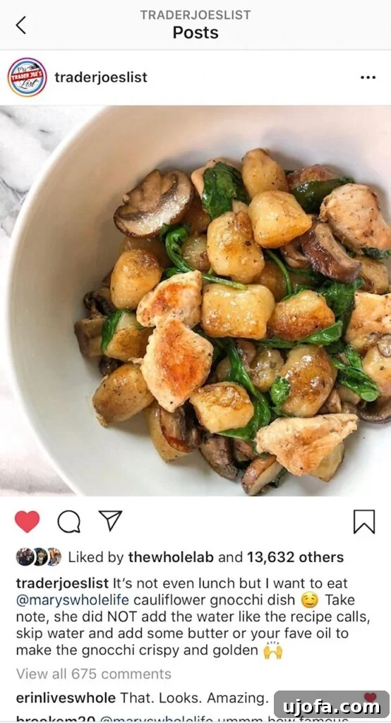 Screenshot of the viral Trader Joe's cauliflower gnocchi post on Instagram showing high engagement and likes.