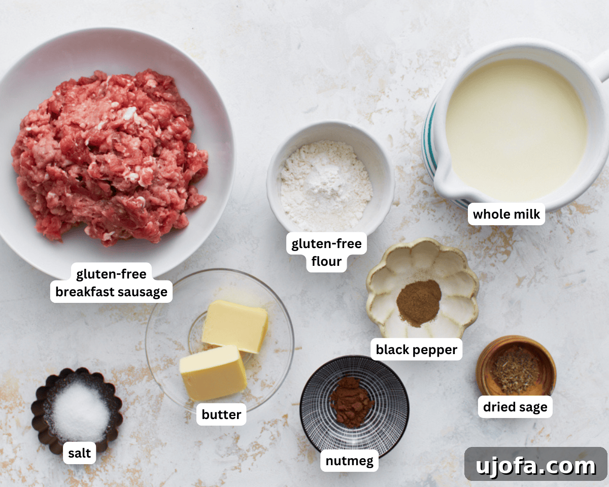 Creamy Gluten-Free Sausage Gravy 4 A selection of fresh ingredients laid out on a clean counter, including gluten-free ground breakfast sausage, butter, gluten-free all-purpose flour, black pepper, nutmeg, dried sage, and whole milk, ready for making gluten-free sausage gravy.