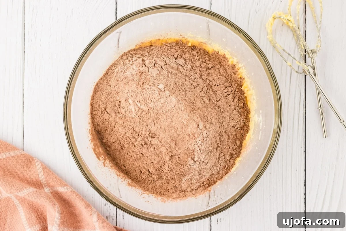 Effortless Gluten-Free Fudgy Cake 10 The dry cocoa-flour mixture added on top of the wet butter-egg mixture in a glass bowl, with a hand mixer nearby.