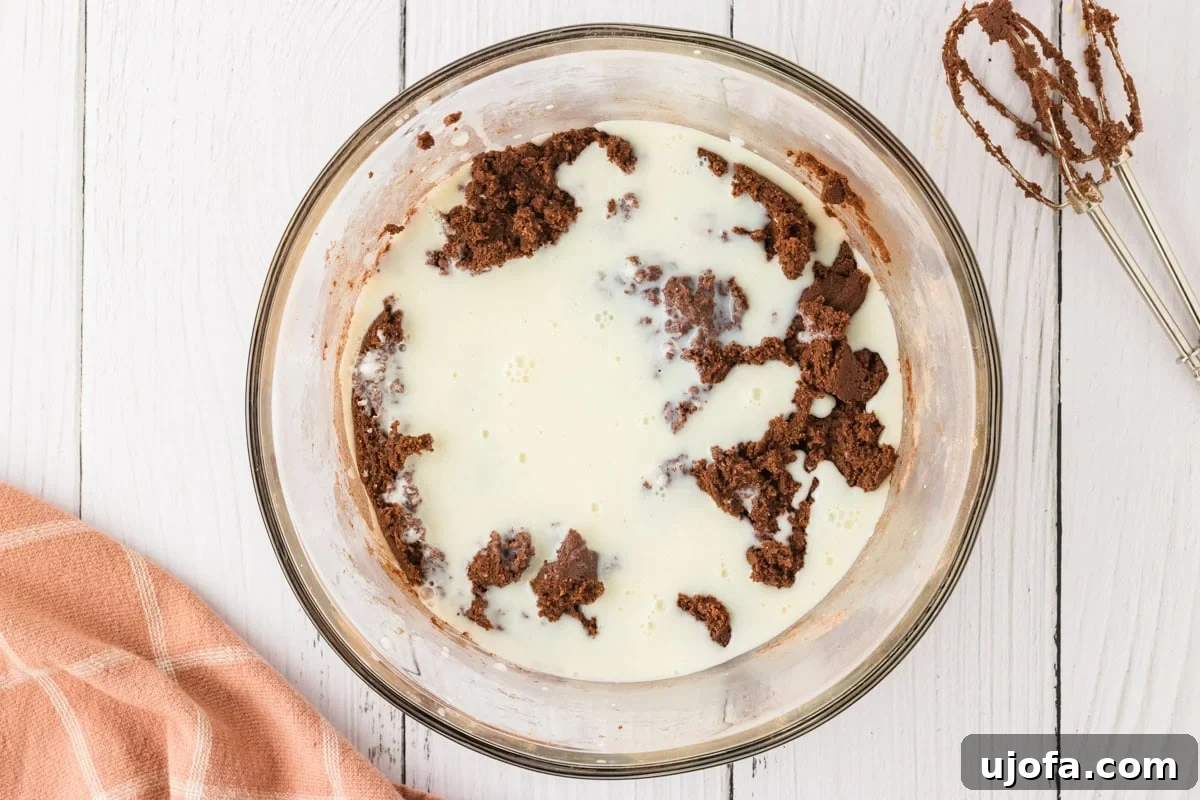 Effortless Gluten-Free Fudgy Cake 11 The chocolate cake batter partially mixed, with buttermilkl just added, showing an uneven mixture of dry and wet ingredients.