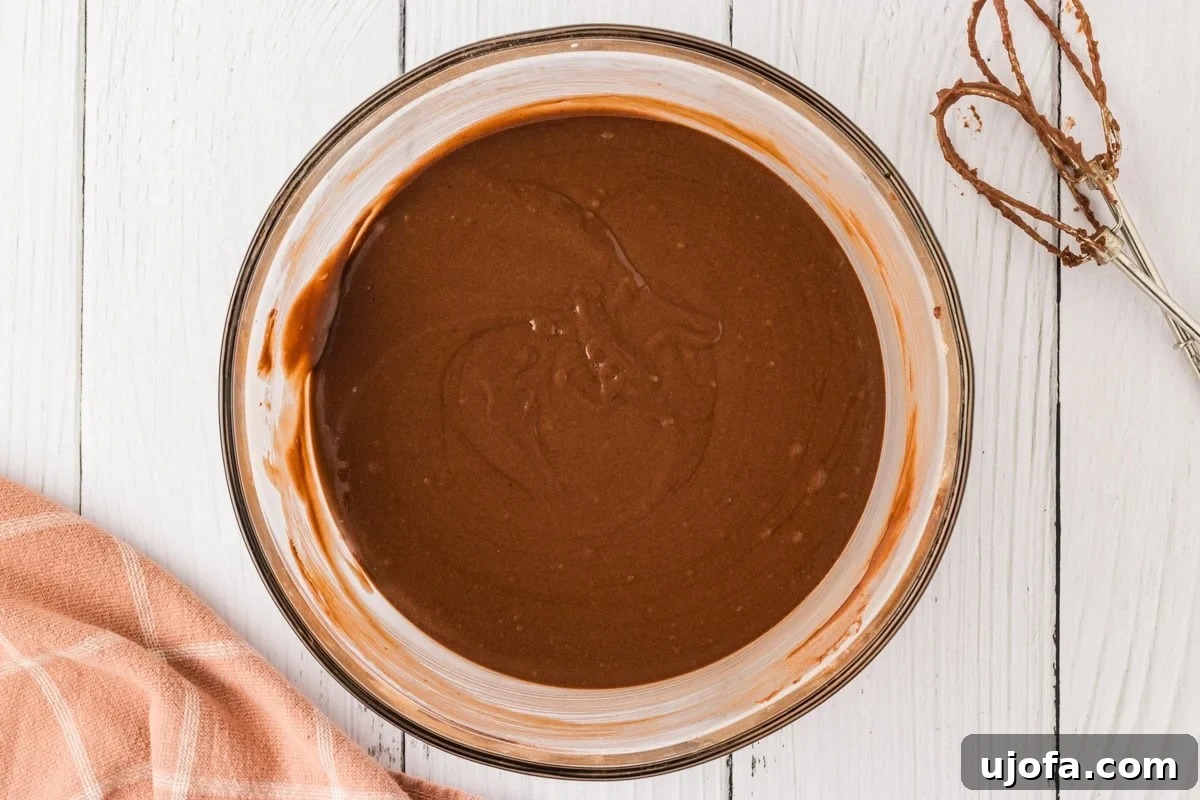 Effortless Gluten-Free Fudgy Cake 12 The fully mixed, smooth, and glossy chocolate cake batter in a glass mixing bowl, with a hand mixer coated in batter resting beside it.