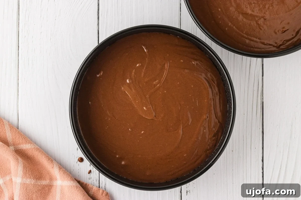 Effortless Gluten-Free Fudgy Cake 13 Two round cake pans filled with smooth gluten-free chocolate cake batter, ready for baking, placed on a white wooden surface.