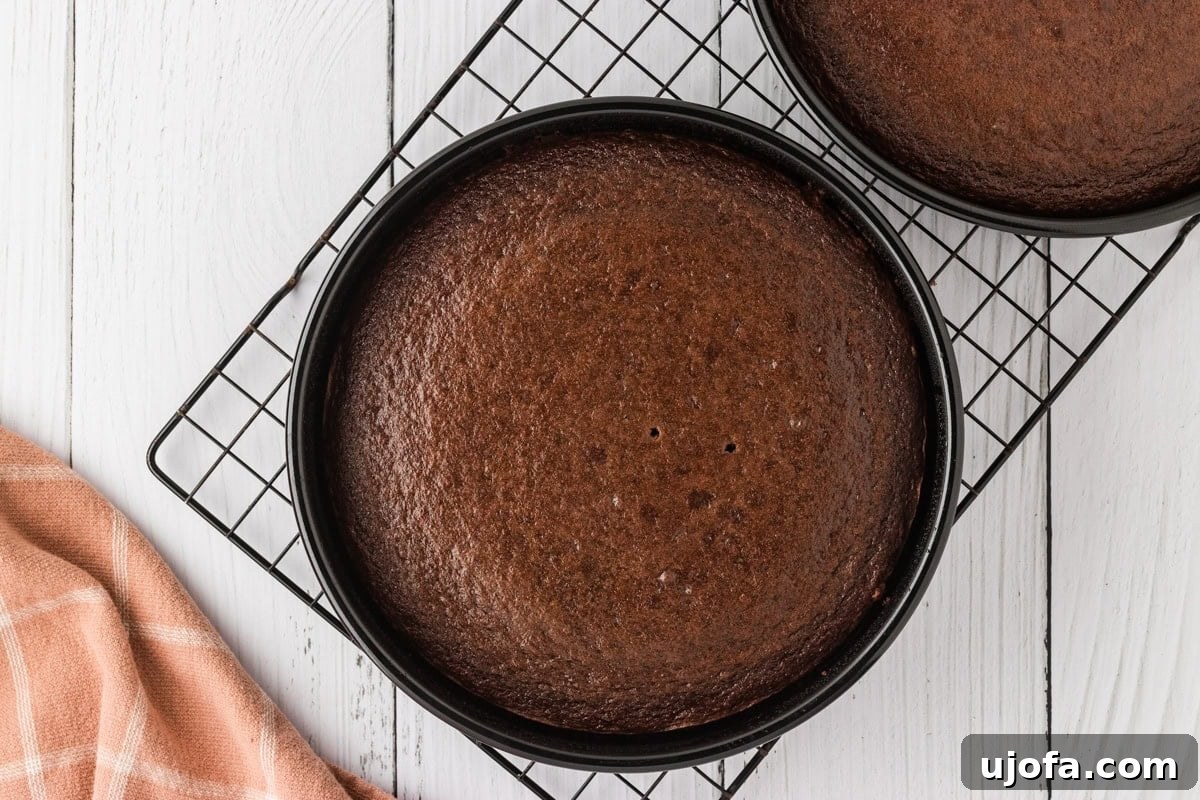 Effortless Gluten-Free Fudgy Cake 14 Two freshly baked gluten-free chocolate cake layers in round cake pans, cooling on a black wire rack.