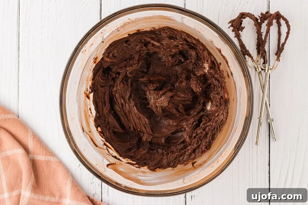 Effortless Gluten-Free Fudgy Cake 16 A glass bowl with thick and creamy chocolate frosting, fully mixed, with a hand mixer coated in frosting resting nearby.