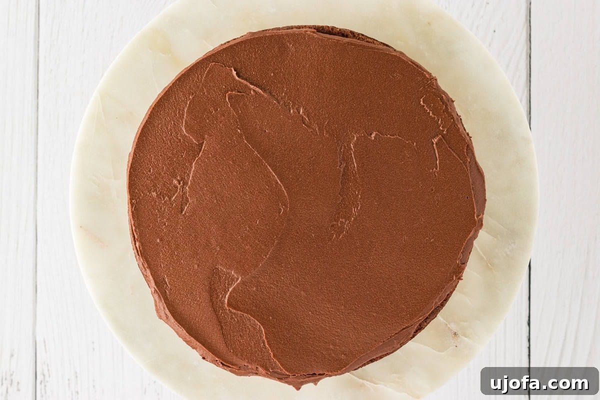 Effortless Gluten-Free Fudgy Cake 20 The first cake layer covered with a smooth layer of chocolate frosting, evenly spread over the top.