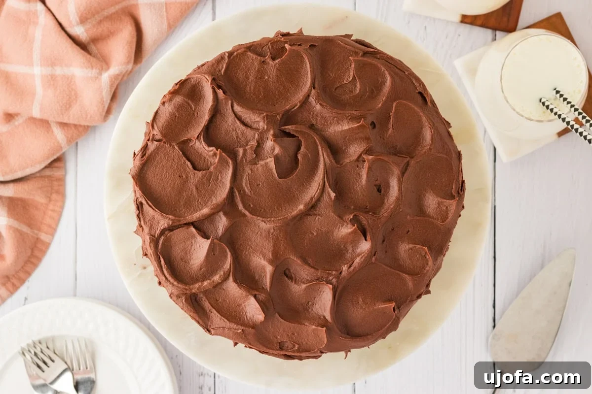 Effortless Gluten-Free Fudgy Cake 22 A fully frosted gluten-free chocolate cake with swirls of rich chocolate frosting on top, placed on a marble cake stand.