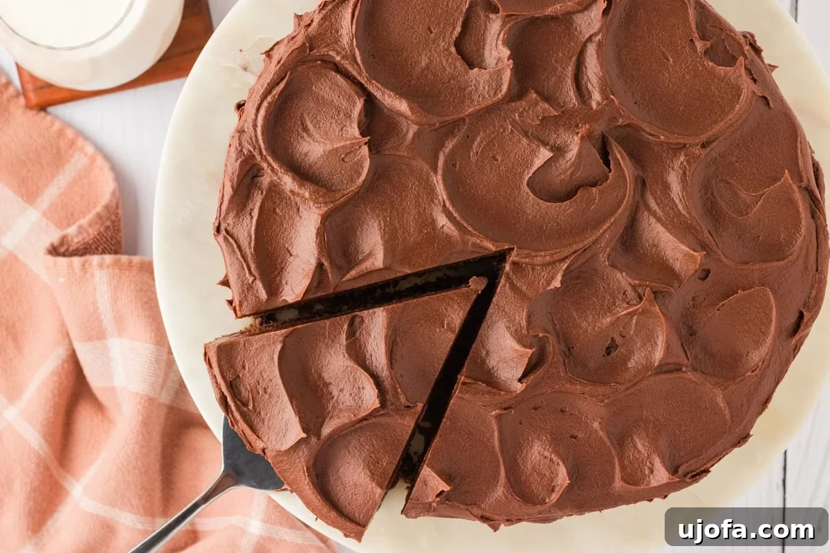 Effortless Gluten-Free Fudgy Cake 23 A slice being lifted from a fully frosted gluten-free chocolate cake, revealing its moist, dark layers beneath the thick chocolate frosting.