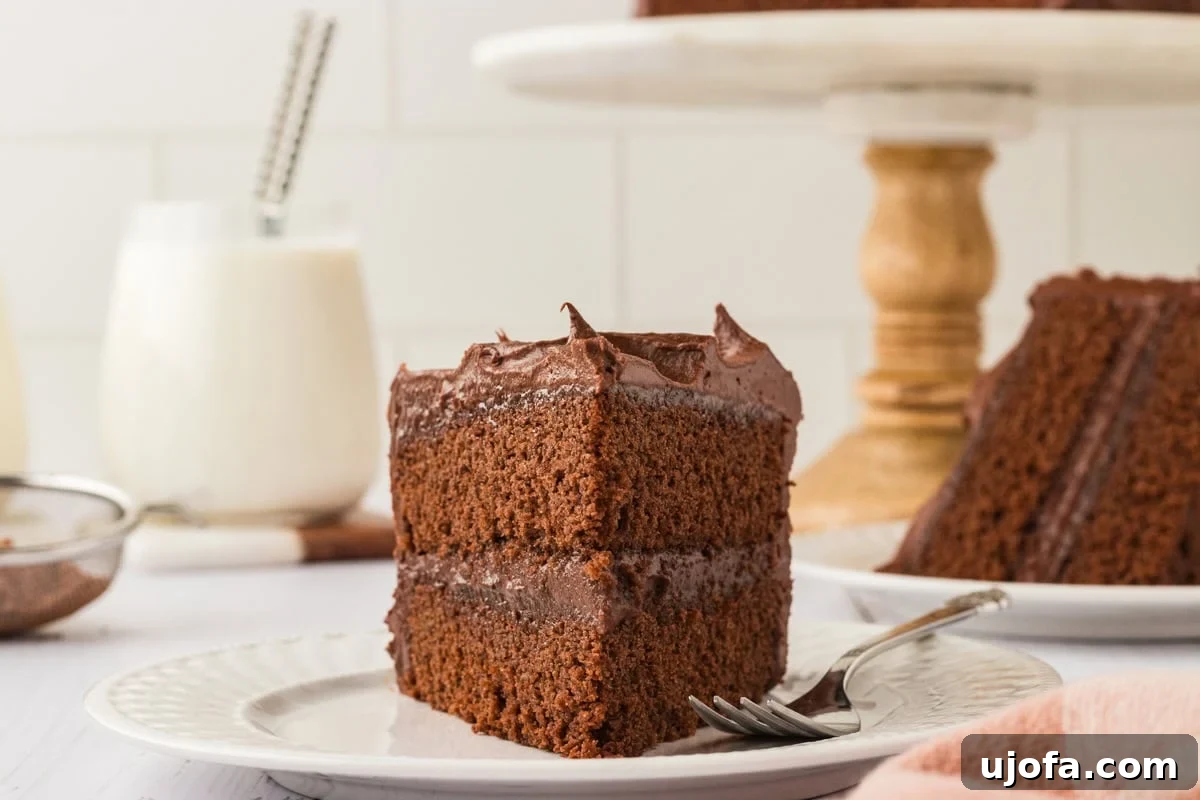 Effortless Gluten-Free Fudgy Cake 24 A close-up of a plated slice of gluten-free chocolate cake, showing two fluffy layers separated by creamy chocolate frosting, with glasses of milk and a wooden cake stand in the background.