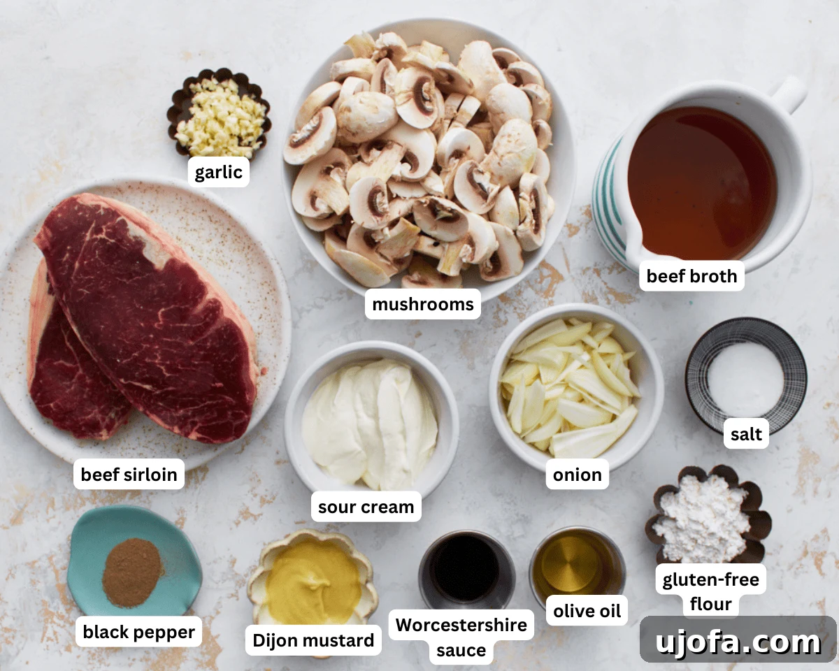 Gluten-free beef stroganoff ingredients laid out on a kitchen counter, including sirloin beef, mushrooms, onion, garlic, olive oil, gluten-free flour, beef broth, Dijon mustard, Worcestershire sauce, sour cream, and fresh parsley.