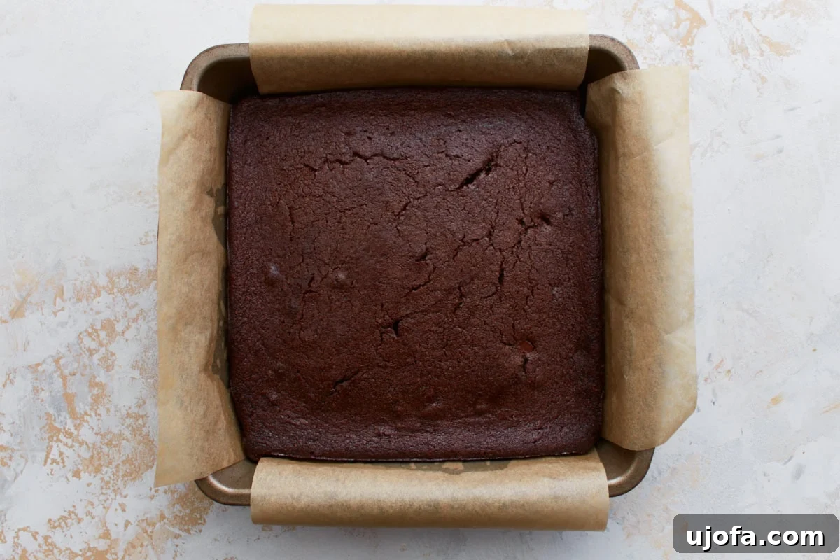 Freshly baked keto brownies in a parchment-lined pan, with a smooth, cracked top indicating a fudgy center.