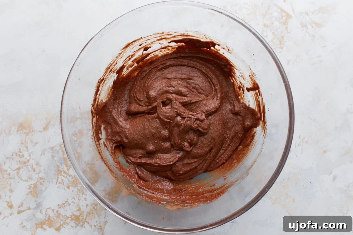 Keto brownie batter in a glass bowl with visible swirls and folded-in sugar-free chocolate chips.
