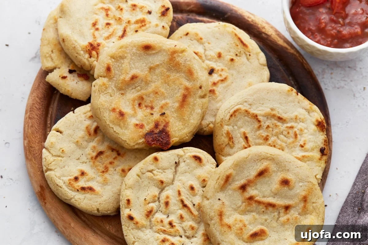Savory Salvadoran Pockets 12 A wooden platter filled with cooked pupusas, golden and slightly crisp, with a bowl of salsa off to the side.