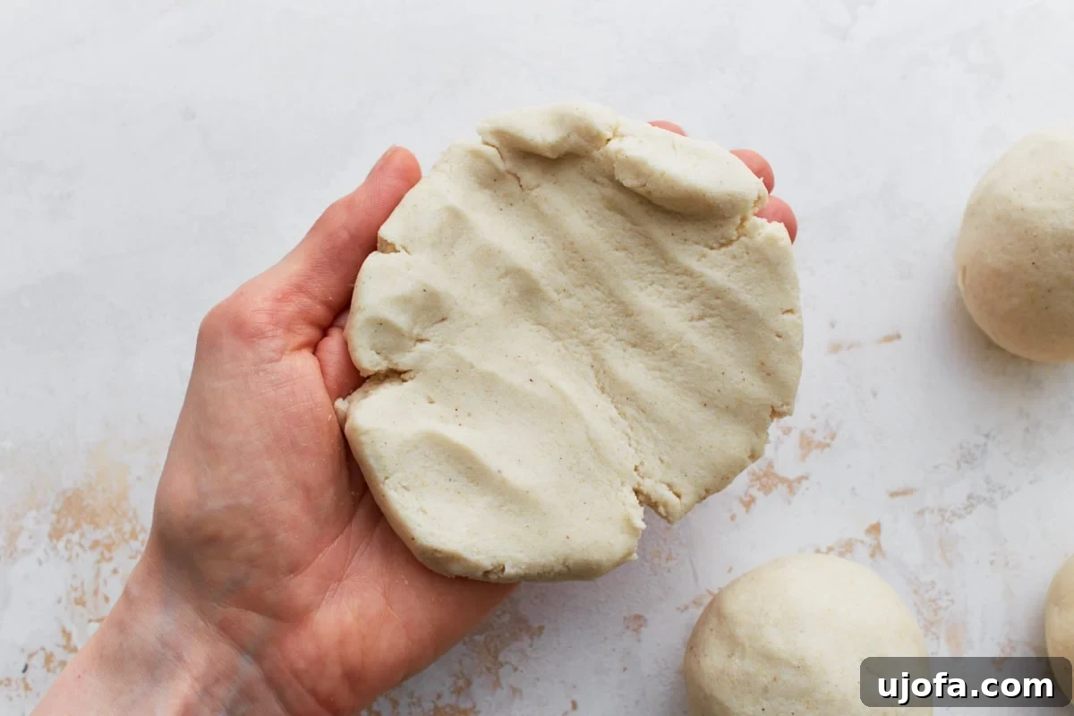 Savory Salvadoran Pockets 7 A hand holding a flattened disc of masa dough, showing the soft texture ready for filling.