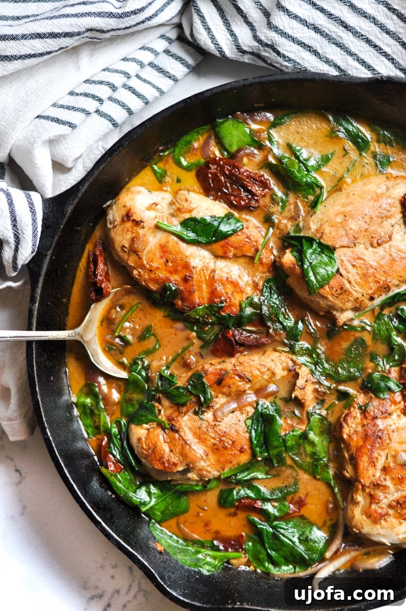 One-Pan Creamy Tuscan Chicken Skillet (Whole30, Paleo) 2 Delicious Creamy Tuscan Chicken Skillet in a pan, garnished with fresh basil