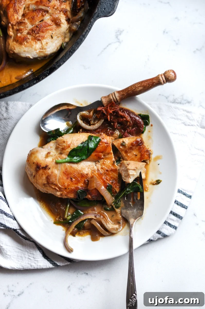 One-Pan Creamy Tuscan Chicken Skillet (Whole30, Paleo) 3 Close-up of Creamy Tuscan Chicken Skillet, showing succulent chicken and vibrant sauce