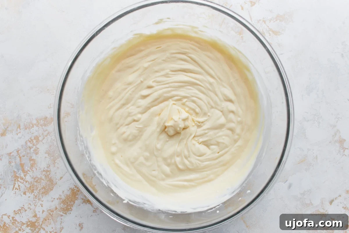 Decadent Keto Cheesecake 10 Silky, fully mixed keto cheesecake batter ready to be poured into the pan.