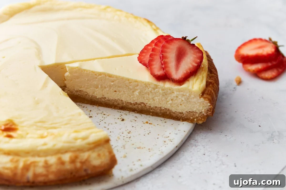 Decadent Keto Cheesecake 14 Close-up of a sliced keto cheesecake with one piece slightly lifted and topped with fresh strawberry slices.
