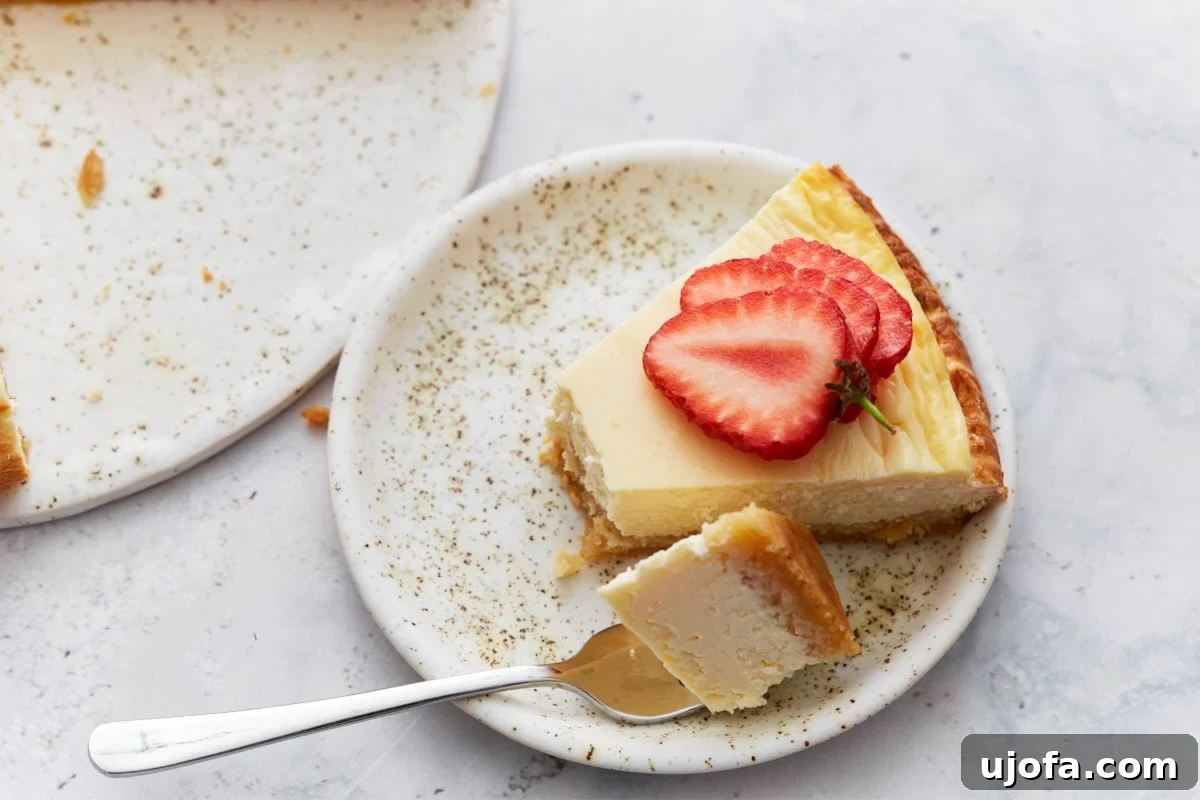 Decadent Keto Cheesecake 15 A single slice of keto cheesecake served on a speckled plate, topped with fresh strawberries and a bite taken with a fork.