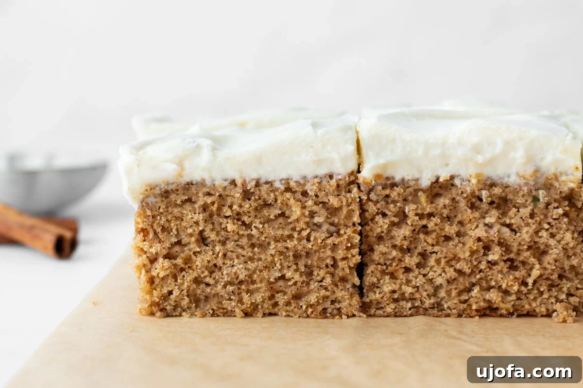 Close-up side view of a slice of gluten-free spice cake with thick cream cheese frosting, showing moist crumb and texture.