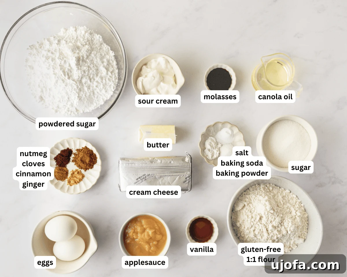 gluten-free spice cake ingredients laid out on a table