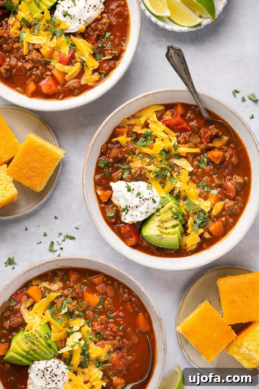 Ultimate Beanless Chili 2 Delicious no-bean chili in bowls, topped with cheese, sour cream, and avocado, served with cornbread