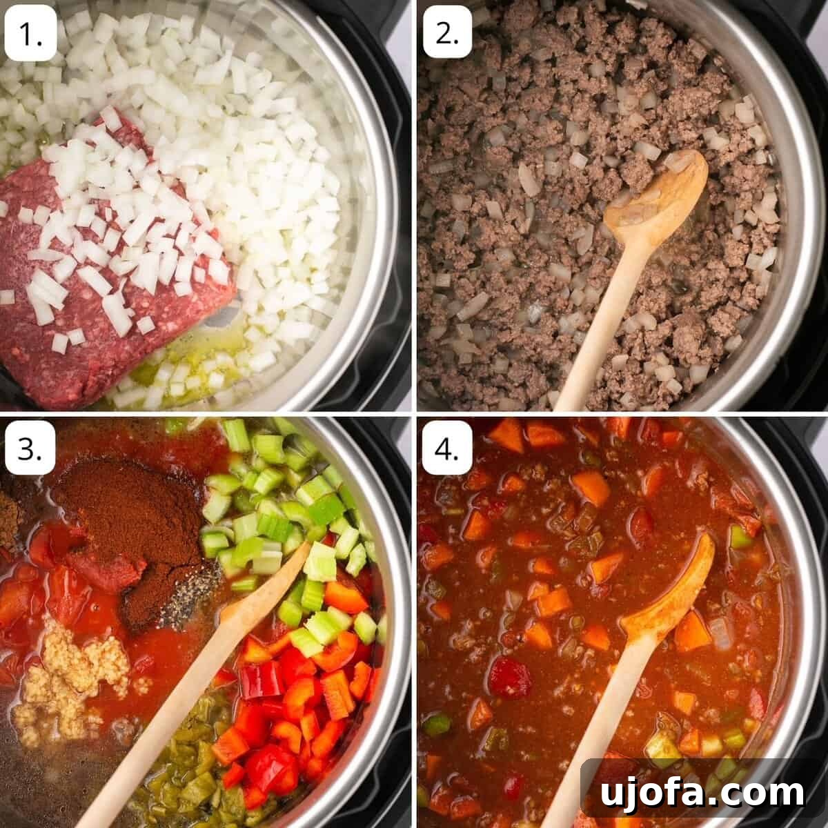 Ultimate Beanless Chili 4 Step-by-step cooking process for no-bean chili, showing ingredients in a pot