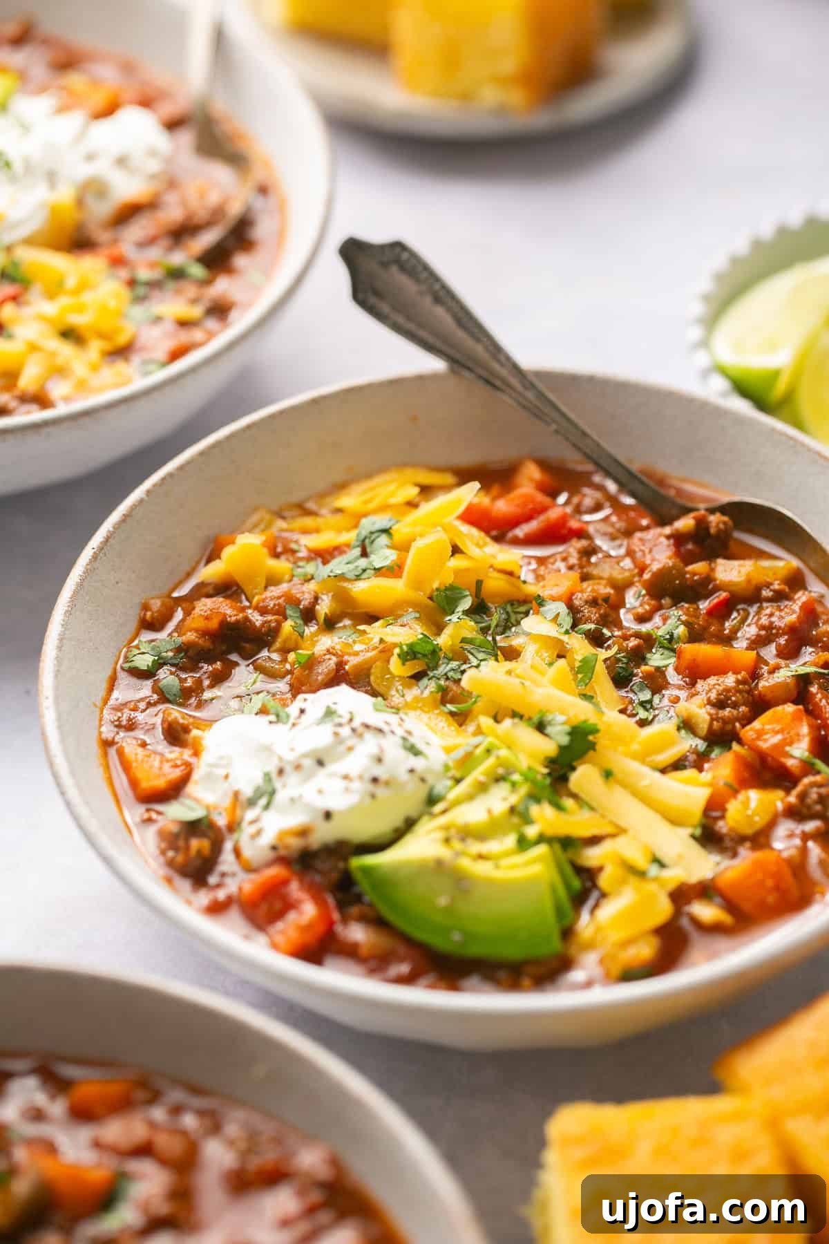 Ultimate Beanless Chili 6 A close-up side view of hearty no-bean chili in a bowl with fresh toppings