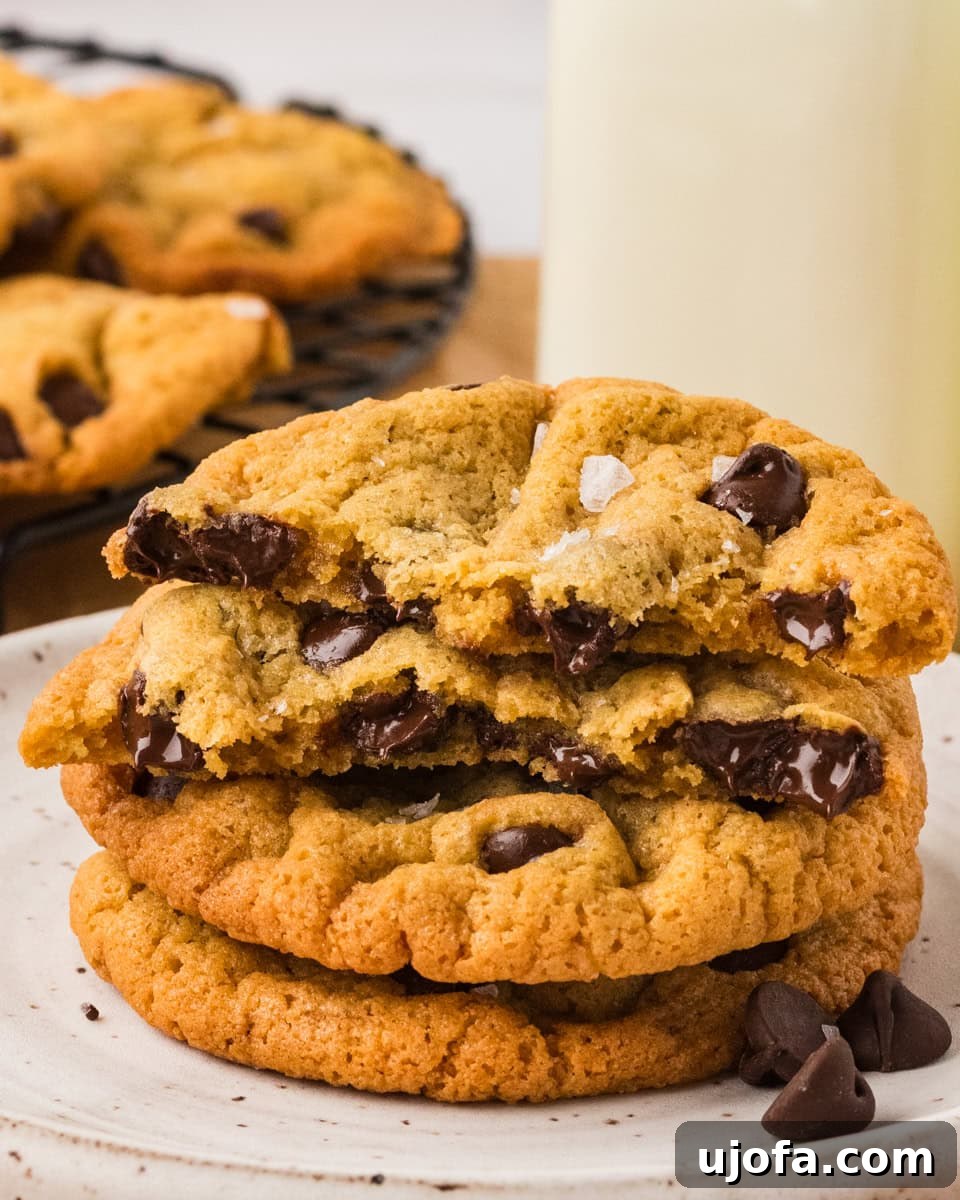 Stack of chickpea chocolate chip cookies on a plate with one broken in half, showing melted chocolate chips inside. Golden brown edges and soft centers are visible.