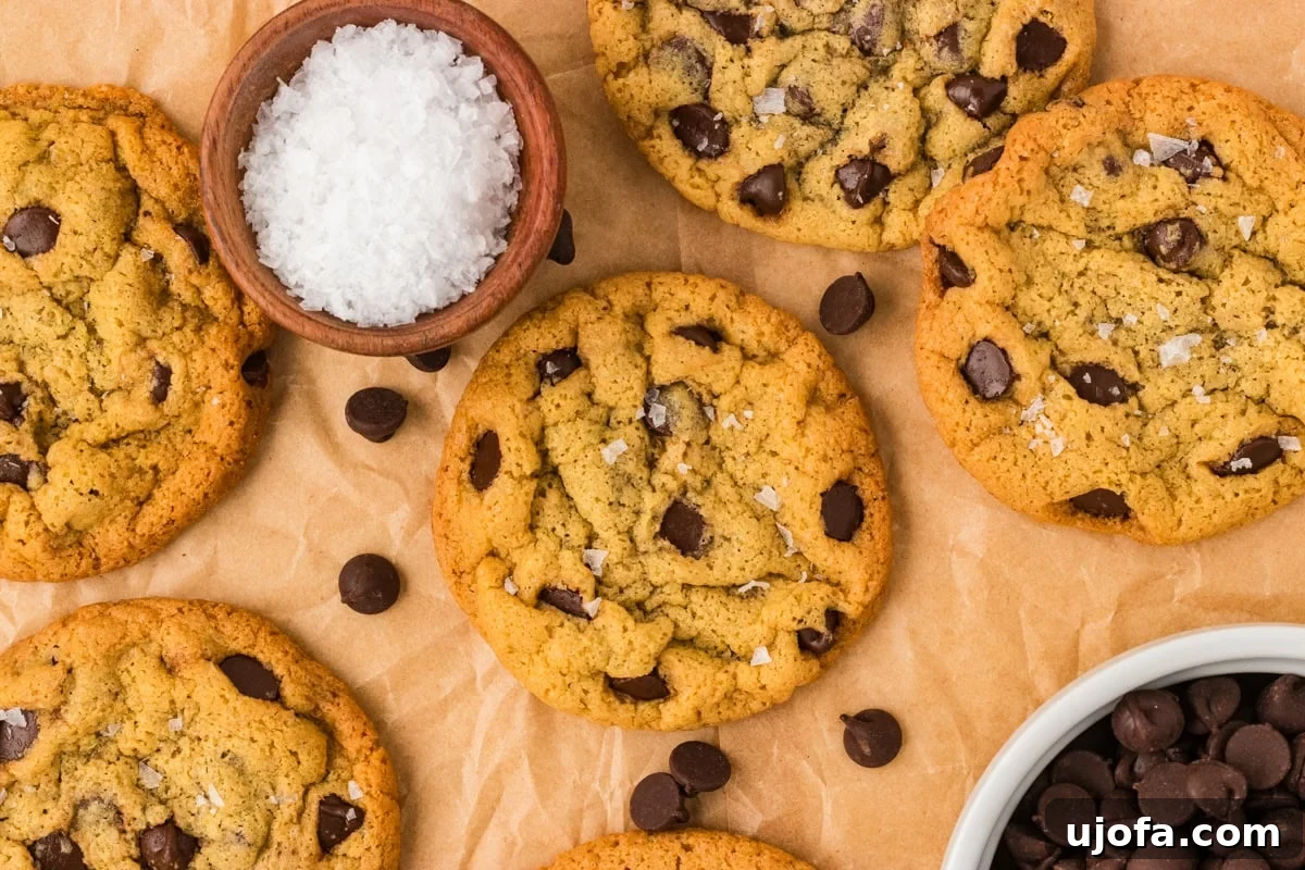 Overhead view of several chickpea chocolate chip cookies, some sprinkled with flaky salt, arranged artfully with scattered chocolate chips.