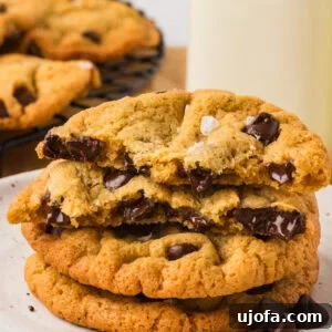Stack of chickpea chocolate chip cookies on a plate with one broken in half, showing melted chocolate chips inside.