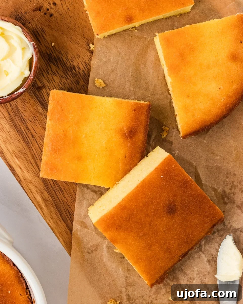 Guilt-Free Golden Cornbread 2 Overhead view of keto cornbread squares on parchment paper, golden brown with a small dish of butter and a butter knife nearby. Perfectly baked, low-carb cornbread.