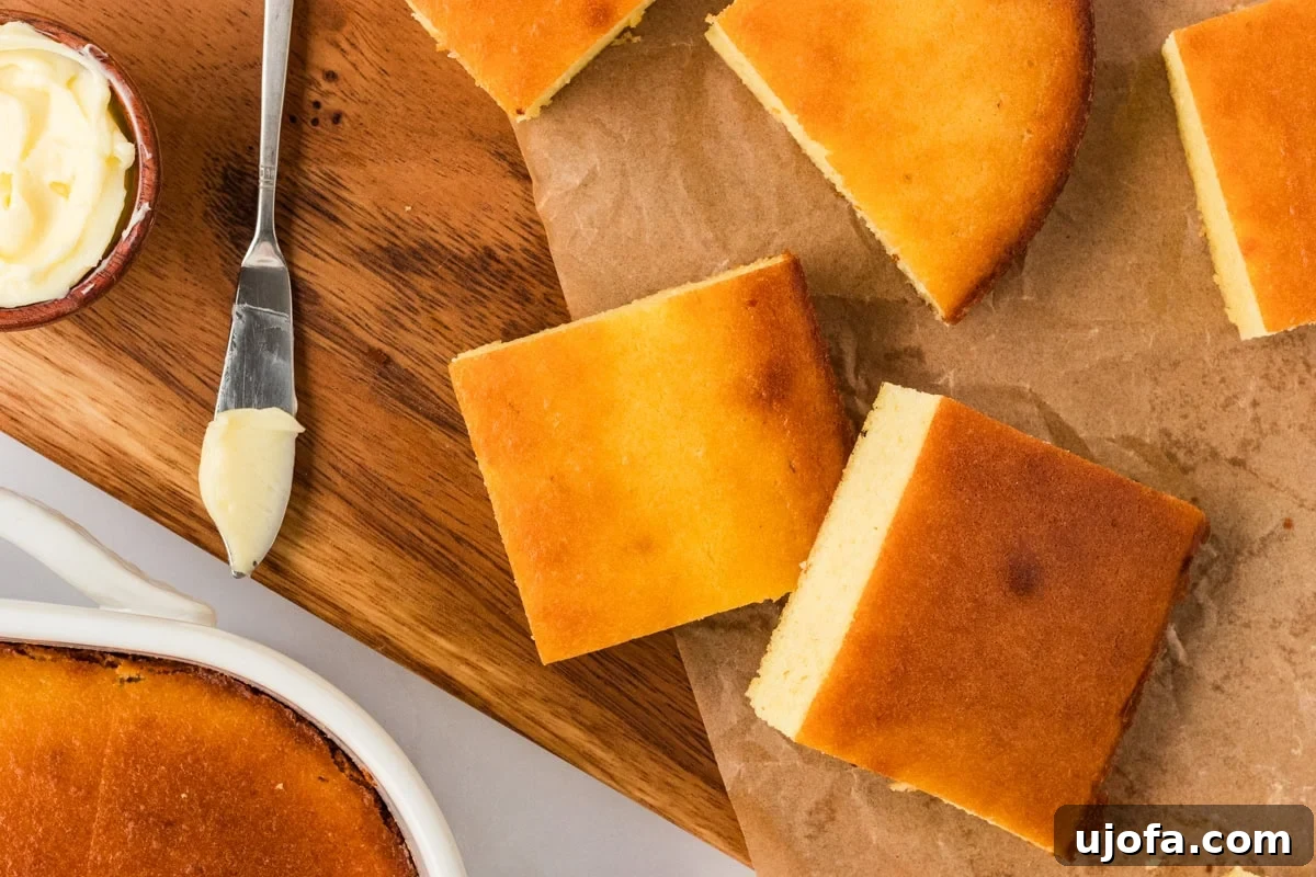 Guilt-Free Golden Cornbread 9 Cut squares of baked keto cornbread on a wooden board with butter on the side, ready to serve, highlighting its golden crust and fluffy interior.