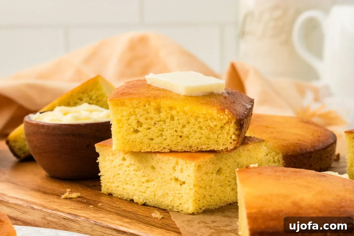 Guilt-Free Golden Cornbread 10 A stack of keto cornbread slices with a pat of butter melting on top, showing the light, fluffy crumb and appealing texture.
