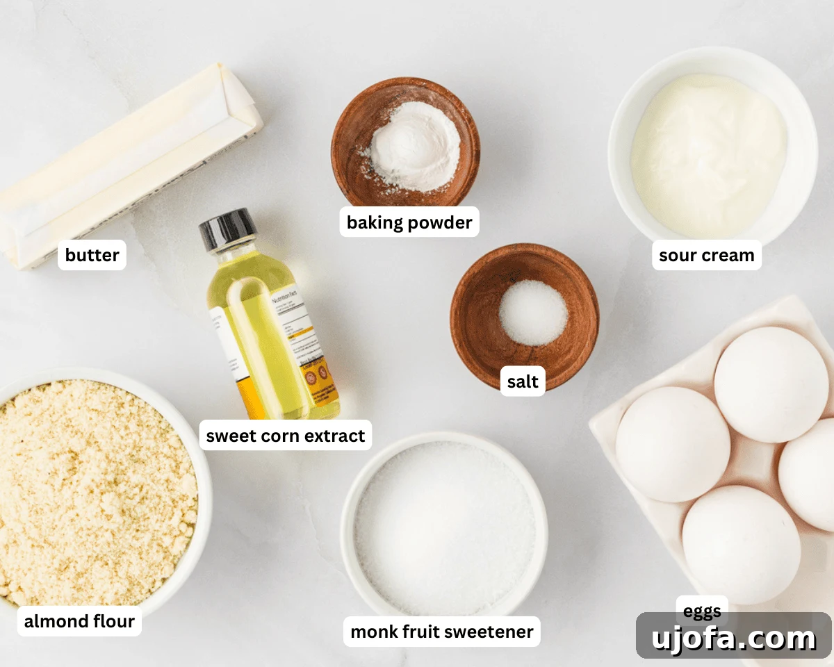 Guilt-Free Golden Cornbread 3 A collection of all keto cornbread ingredients laid out on a white surface: eggs, sour cream, almond flour, monk fruit, baking powder, salt, melted butter, and optional sweet corn extract.