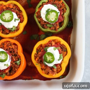 Whole30 Taco Stuffed Peppers prepared and garnished with fresh cilantro.